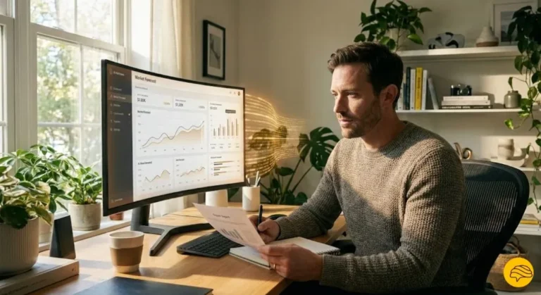 Profissional focado em escritório moderno utilizando habilidades de IA estratégicas para se destacar no mercado em 2026.