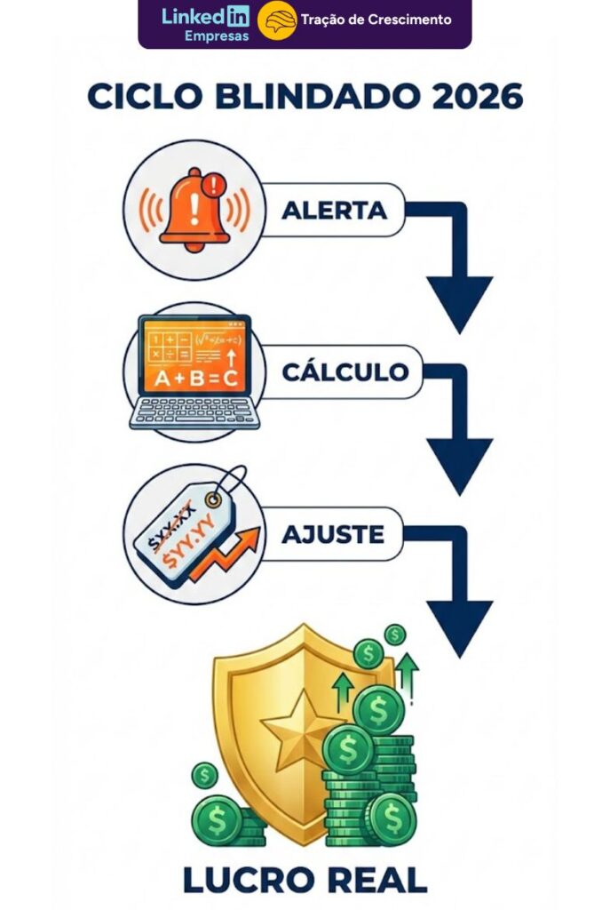 Infográfico vertical detalhando o método Ciclo Blindado para proteger a margem de lucro contra as novas taxas Mercado Livre 2026. O fluxo mostra quatro etapas visuais: Alerta de taxas, Cálculo no ERP, Ajuste de preço e Blindagem do Lucro Real