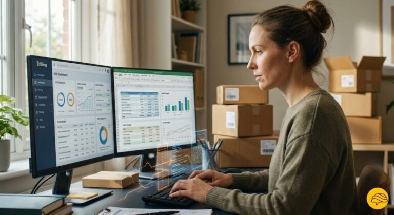 Empreendedor calculando margem de lucro no Bling com as novas taxas Mercado Livre 2026