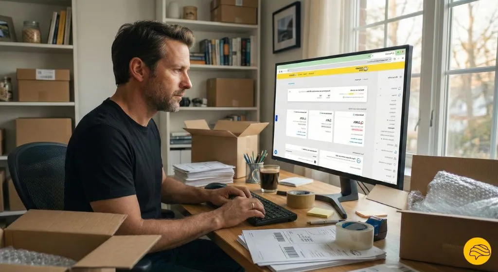 Especialista em e-commerce monitorando painel de reputação e envios no computador com auxílio de IA.